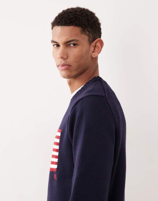 Polo Ralph Lauren – Marinblå, flätstickad tröja i bomull med stor flagga, 4 av 5
