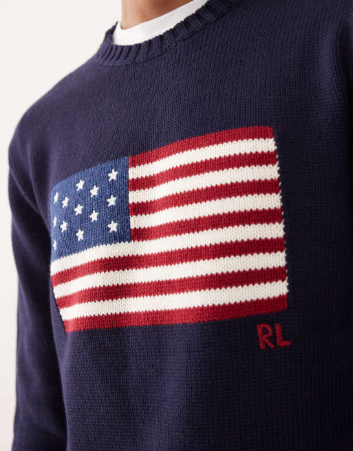 Polo Ralph Lauren – Marinblå, flätstickad tröja i bomull med stor flagga, 5 av 5