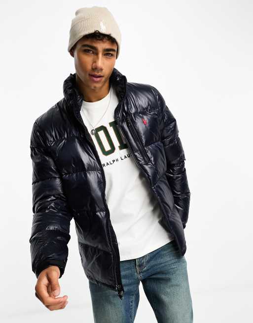 Polo Ralph Lauren – Marinblå högglansig pufferjacka i dun med avtagbar huva