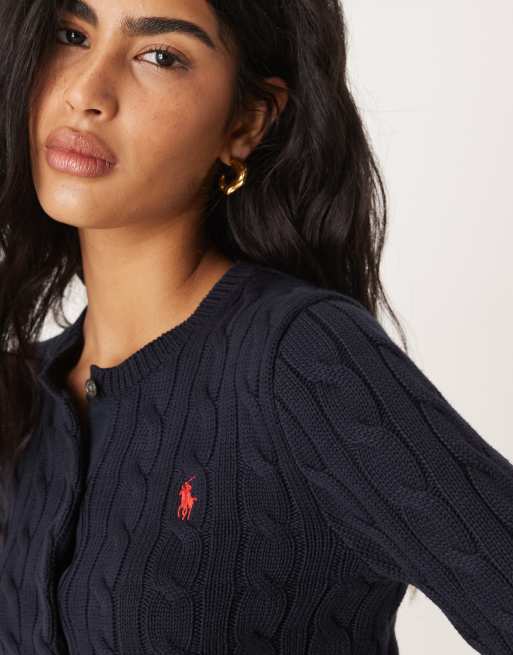 Polo Ralph Lauren – Marinblå, kabelstickad kofta i bomull med klassisk logga, 4 av 4