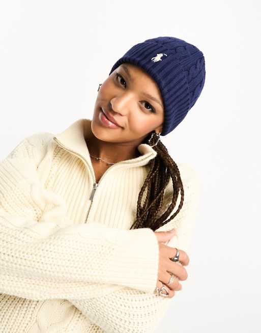 Polo Ralph Lauren – Marinblå kabelstickad mössa med logga, 4 av 4