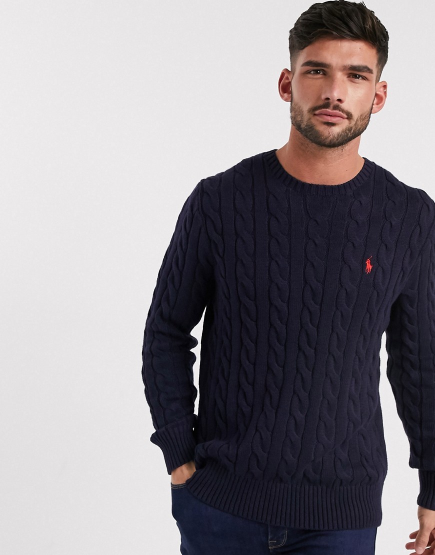 Polo Ralph Lauren – Marinblå, kabelstickad tröja med spelarlogga