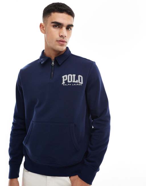 Polo Ralph Lauren – Marinblå, klassisk sweatshirt i oversize med collegelogga, kort dragkedja och fleece