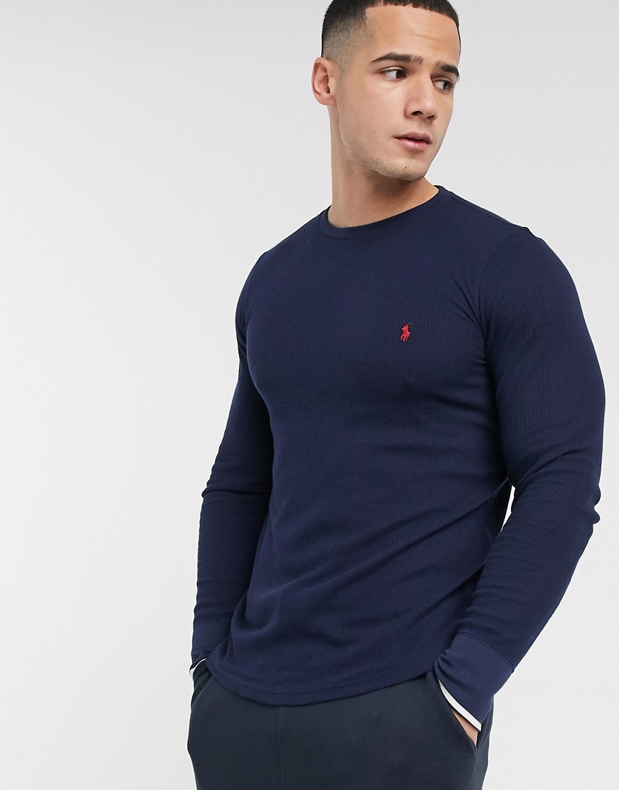 Polo Ralph Lauren – Marinblå långärmad t-shirt i mysmodell med våfflad struktur