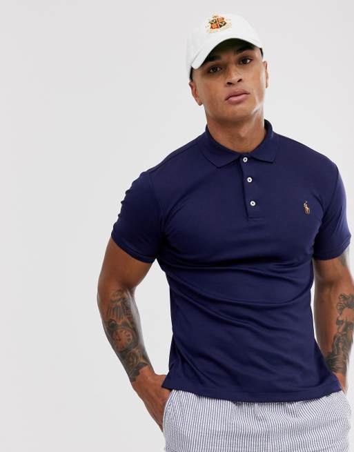 Polo Ralph Lauren – Marinblå pikétröja i pimabomull med smal passform och flerfärgad spelare-logga
