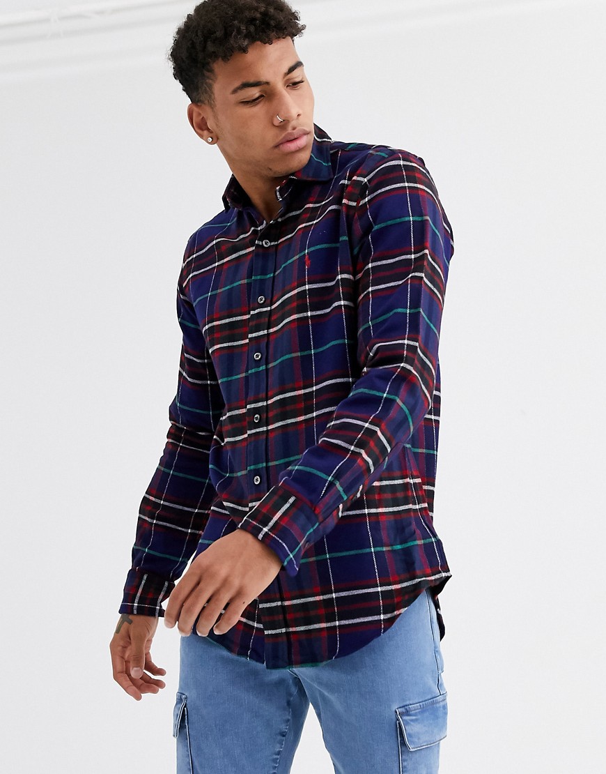 Polo Ralph Lauren – Marinblå rutig flanellskjorta med normal passform och spelarlogga