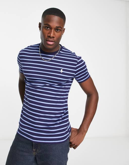 Polo Ralph Lauren - Marineblå-/blåmeleret slim fit T-shirt i pimabomuld med logostriber