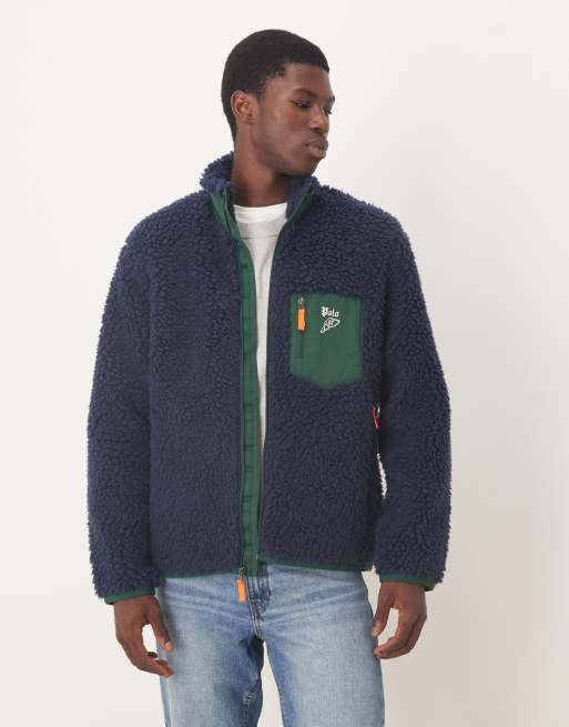 Polo Ralph Lauren - Marineblå jakke i imiteret lammeskind i sherpastil med lynlås og logoikon