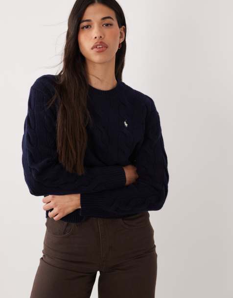 Polo Ralph Lauren - Marineblå kabelstrikket trøje med lige pasform og ikonlogo - view 1