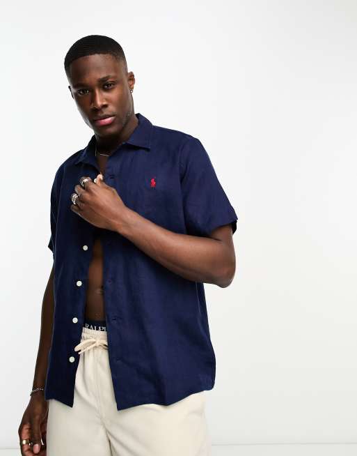 Polo Ralph Lauren - Marineblå klassisk skjorte i hør med korte ærmer og reverskrave samt ikonlogo