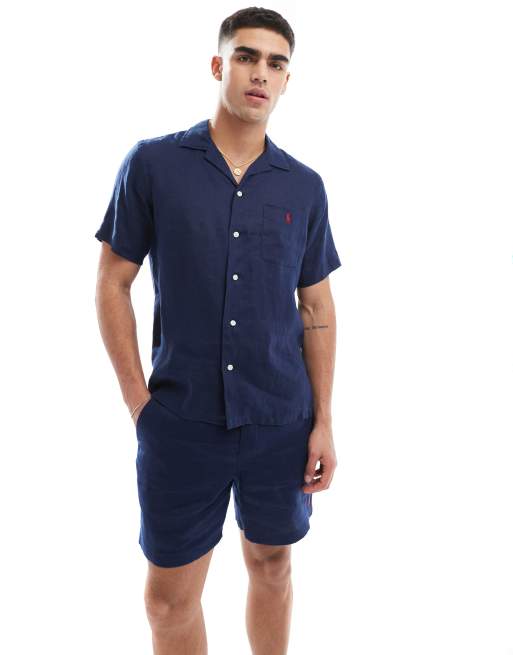Polo Ralph Lauren - Marineblå oversized klassisk skjorte med reverskrave, korte ærmer og ikonlogo i hør - Del af sæt