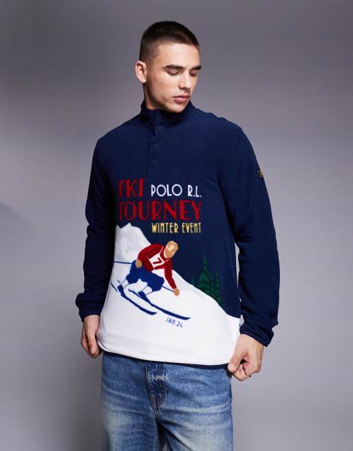 Polo Ralph Lauren - Marineblå sweatshirt i fleece med halv lynlås og skiløberprint