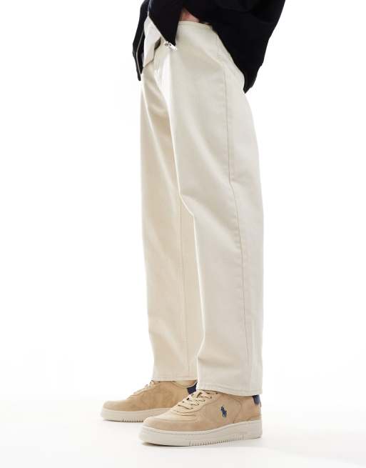 Polo Ralph Lauren - Masters Court - Suède sneakers in lichtbruin met marineblauw logo 