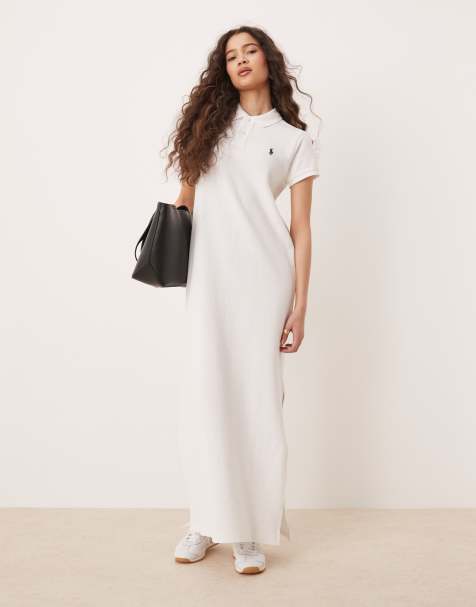 Polo Ralph Lauren - Maxi T-shirtjurk met polokraag en split aan de zijkant in wit - view 1
