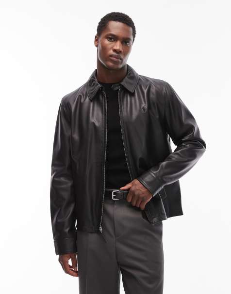 Polo Ralph Lauren Maxwell icon logo lined leather harrington jacket in black - view 1