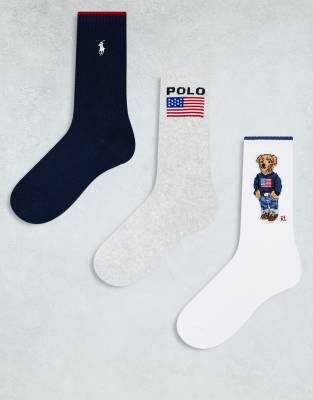 Polo Ralph Lauren - Mehrfarbige Socken mit Bär, Logo und Flagge im 3er-Pack-Bunt