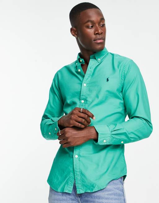 Polo Ralph Lauren – Mellangrön, tygfärgad, smal oxfordskjorta