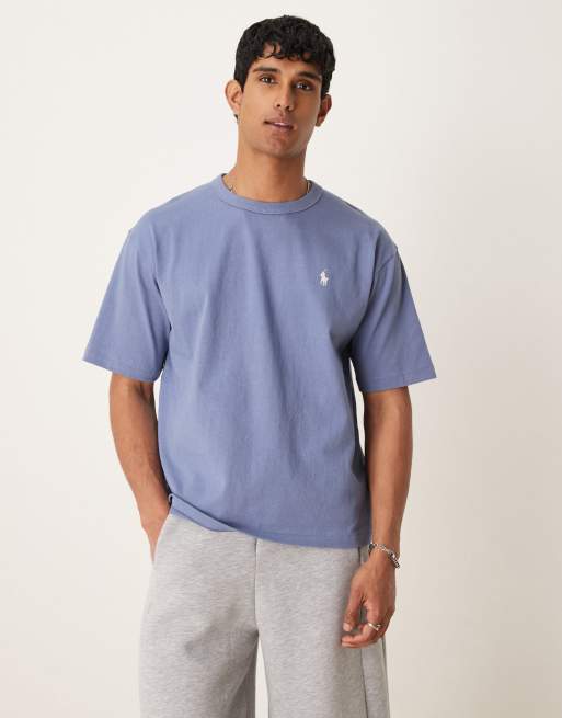 Polo Ralph Lauren - Mellemblå kraftig T-shirt med ikon-tekstlogo på ryggen i afslappet pasform