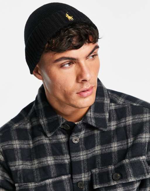 Polo Ralph Lauren merino wool beanie in black with gold logo | ASOS