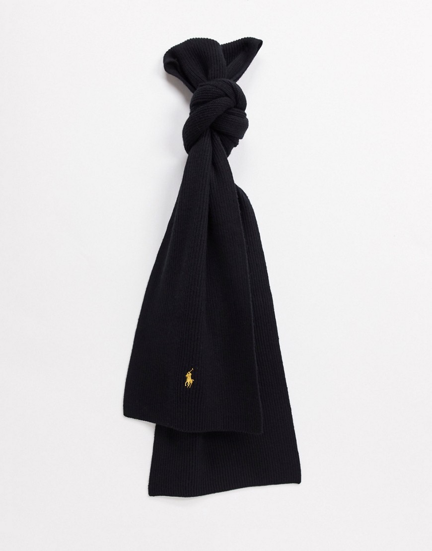 Polo Ralph Lauren merino wool scarf in black with gold pony logo