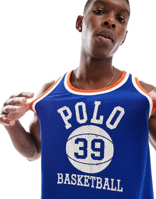 Polo Ralph Lauren mesh logo basketball singlet in mid blue orange