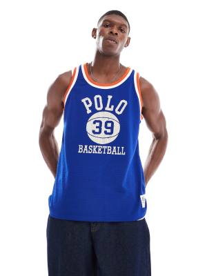 mesh logo basketball tank top in mid blue/orange