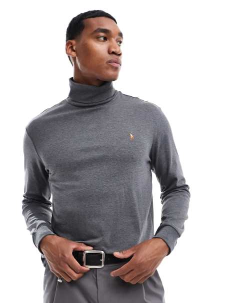 Polo Ralph Lauren – Mörkgrå, melerad t-shirt i pimabomull med lång ärm, halvpolokrage och klassisk logga - view 1