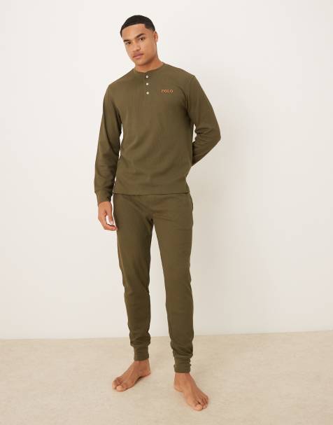 Polo Ralph Lauren – Mörkgrönt, våfflat loungeset med joggers och t-shirt i henleystil med långa ärmar och logga - view 1