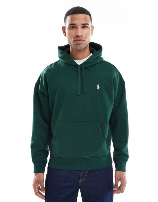 Polo Ralph Lauren - Mørkegrøn kraftig hættetrøje med logo-skriftprint på ryggen og logoikon i afslappet pasform