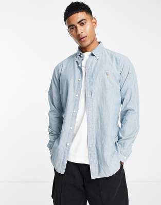 Polo Ralph Lauren multi icon logo chambray denim shirt custom fit in mid  wash | ASOS