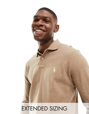 Polo Ralph Lauren multi icon logo long sleeve cotton polo custom fit in brown heather