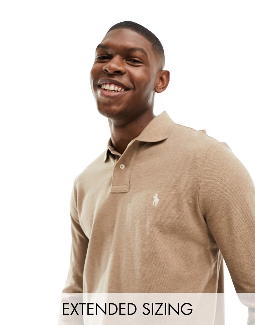 Polo Ralph Lauren multi icon logo long sleeve cotton polo custom fit in brown heather-Neutral