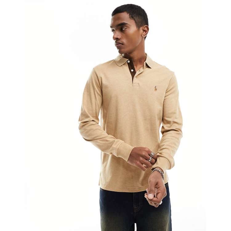 Polo Ralph Lauren multi icon logo long sleeve pima cotton polo custom fit  in camel heather