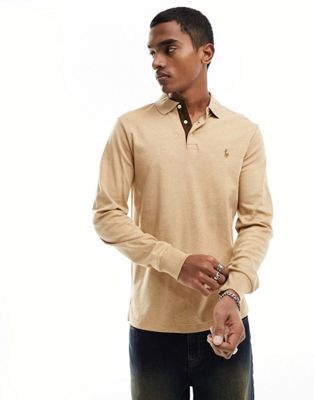 Polo Ralph Lauren multi icon logo long sleeve pima cotton polo custom fit in camel marl - ASOS Price Checker