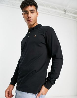 Polo Ralph Lauren multi icon logo pima cotton long sleeve polo in black