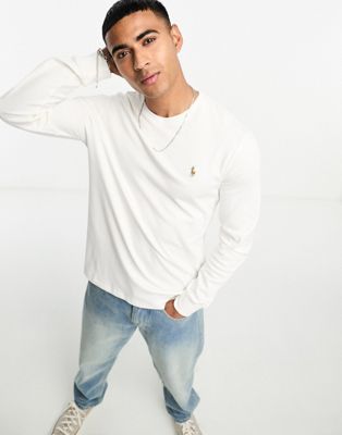 Polo Ralph Lauren multi icon logo pima cotton long sleeve t-shirt in white - ASOS Price Checker