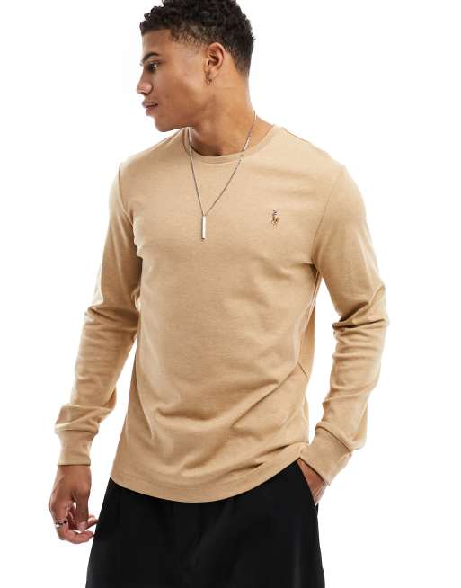 Polo Ralph Lauren multi icon logo pima cotton long sleeve top custom fit in  camel heather