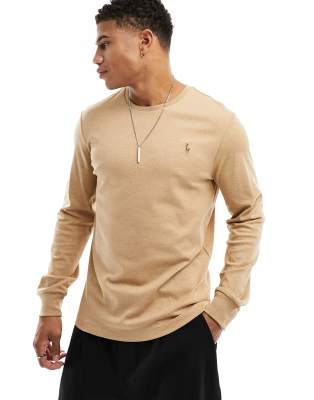 Polo Ralph Lauren multi icon logo pima cotton long sleeve top custom fit in camel marl - ASOS Price Checker