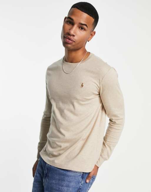 Polo Ralph Lauren multi icon logo pima cotton long sleeve top in sand marl  | ASOS