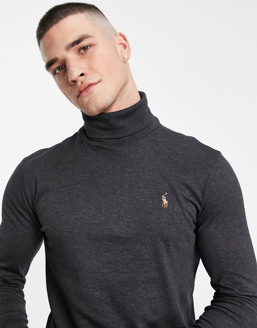 Polo Ralph Lauren multi icon logo roll neck long sleeve top in dark gray heather-Grey