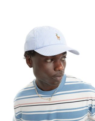 Polo Ralph Lauren multi icon logo seersucker stripe baseball cap in blue