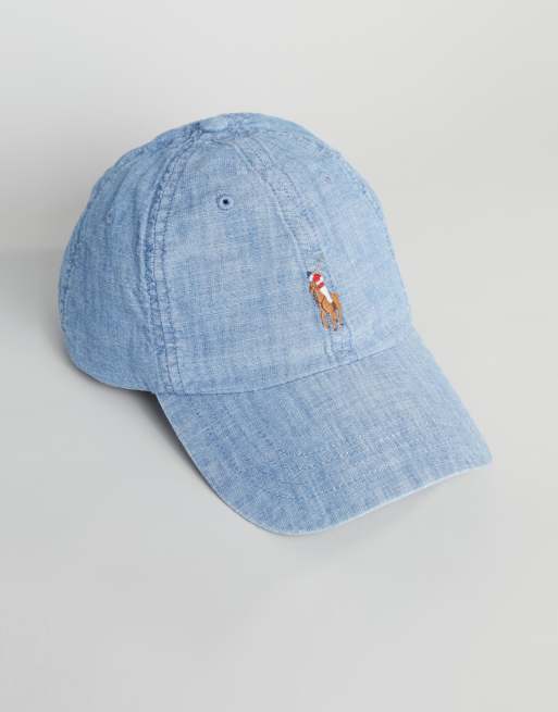 Polo Ralph Lauren multi player logo chambray denim baseball cap in light blue