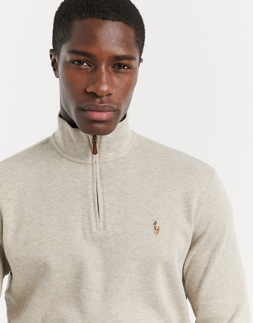 Polo Ralph Lauren multi player logo fine rib half zip knit jumper in beige marl