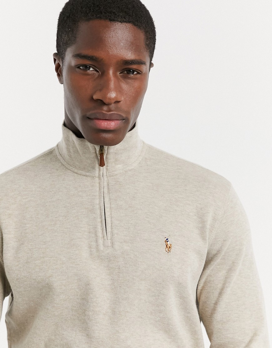 Polo Ralph Lauren multi player logo fine rib half zip knit sweater in beige marl-Neutral