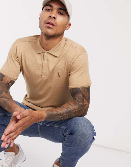 Polo Ralph Lauren multi player logo slim fit pima soft touch polo in beige marl