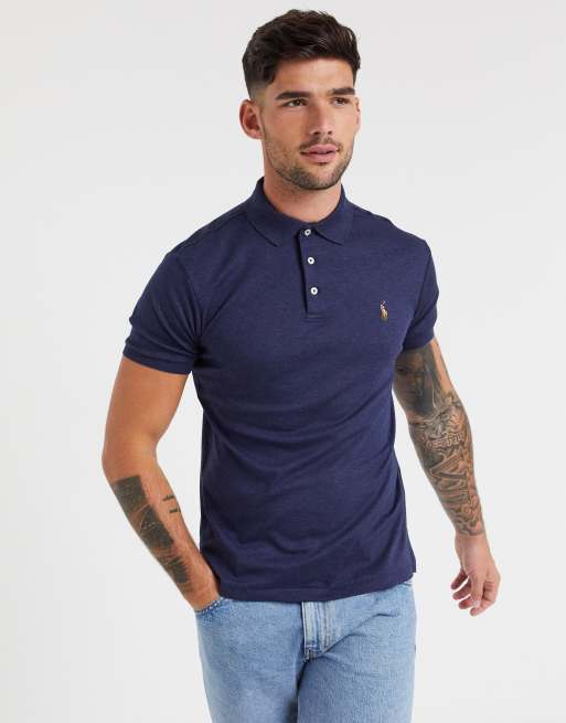 Polo Ralph Lauren multi player logo slim fit pima soft touch polo in navy  marl | ASOS