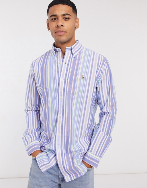 Polo Ralph Lauren multi player logo varied stripe oxford shirt custom regular fit buttondown in blue multi