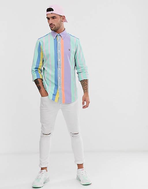 Polo Ralph Lauren multi stripe oxford shirt custom regular fit button down  player logo in pastel multi