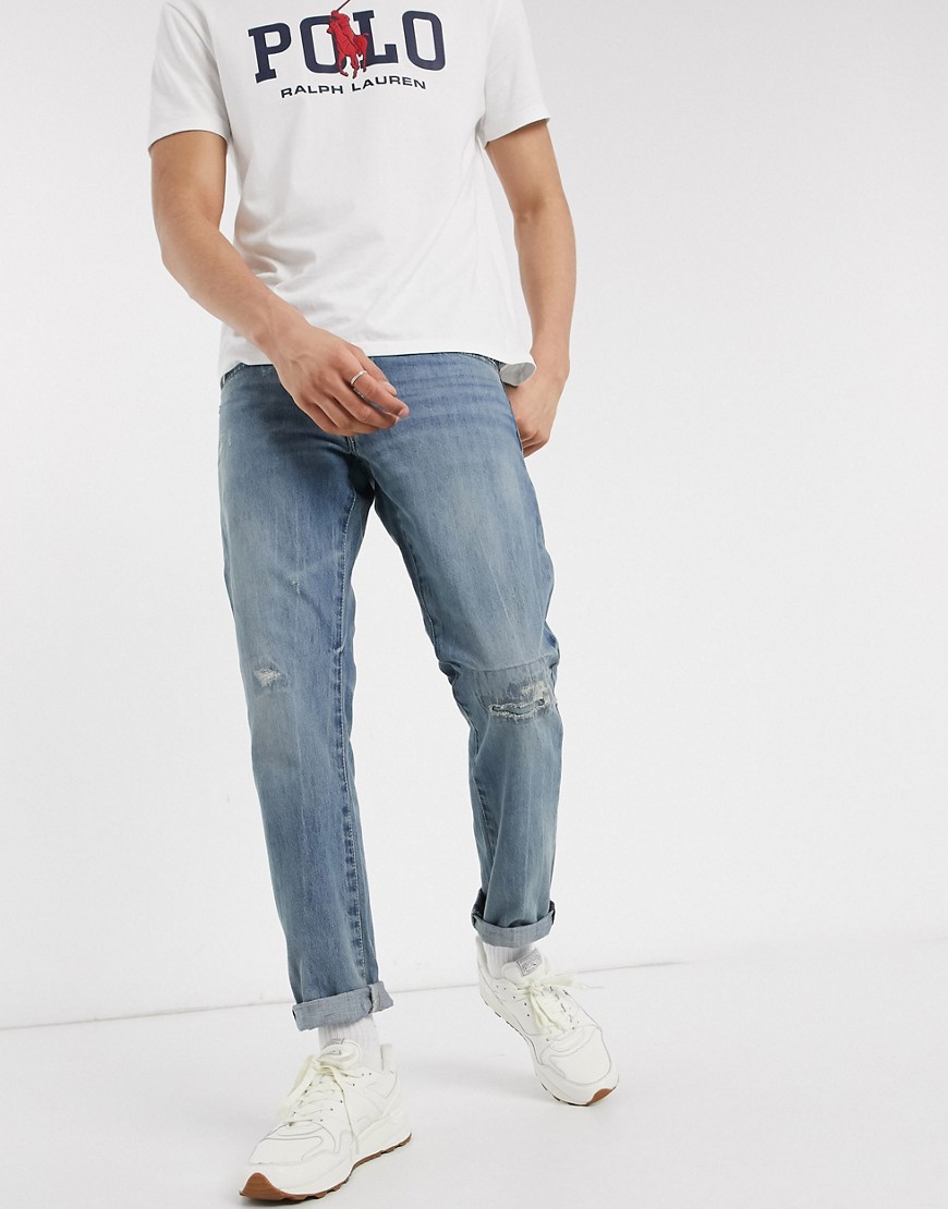 Polo Ralph Lauren - Newburgh - Jeans dritti slim lavaggio chiaro con strappi e rammendi-Blu