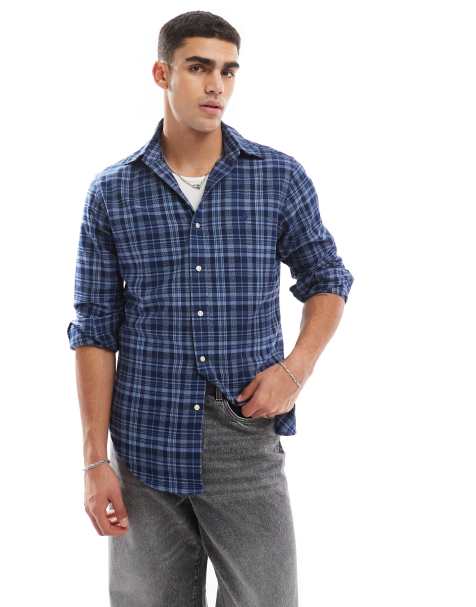 Polo Ralph Lauren icon logo check performance brushed twill shirt in mid blue